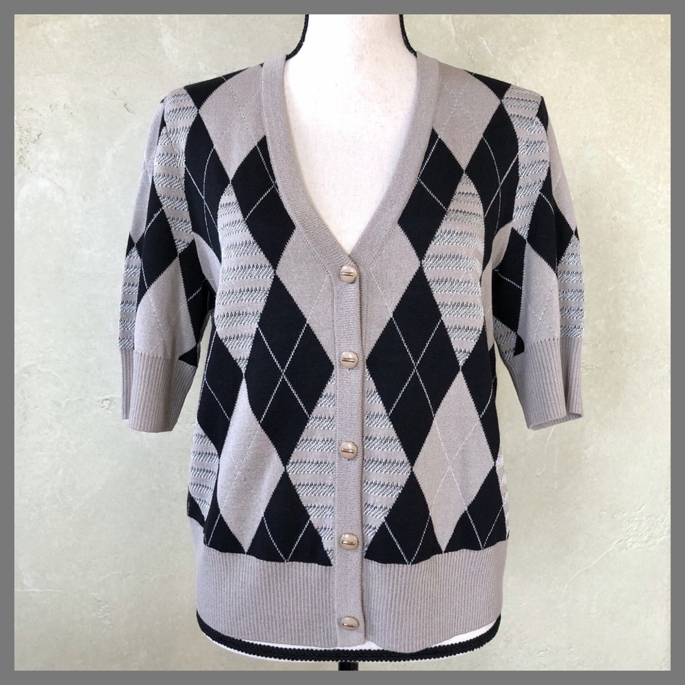 St. John Wool Blend Short Sleeve Button Front Sweater Cardigan